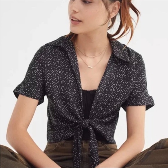 Urban Outfitters Tops - Urban Outfitters Polka Dot Collared Tie Top Short Sleeve Black and White